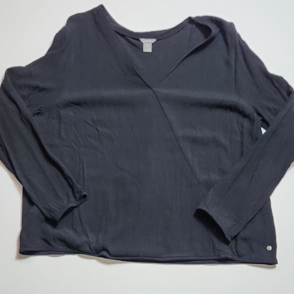 Eddie Bauer Black Crinkle Rayon Long Sleeve V-Neck Blouse Women’s 2XL